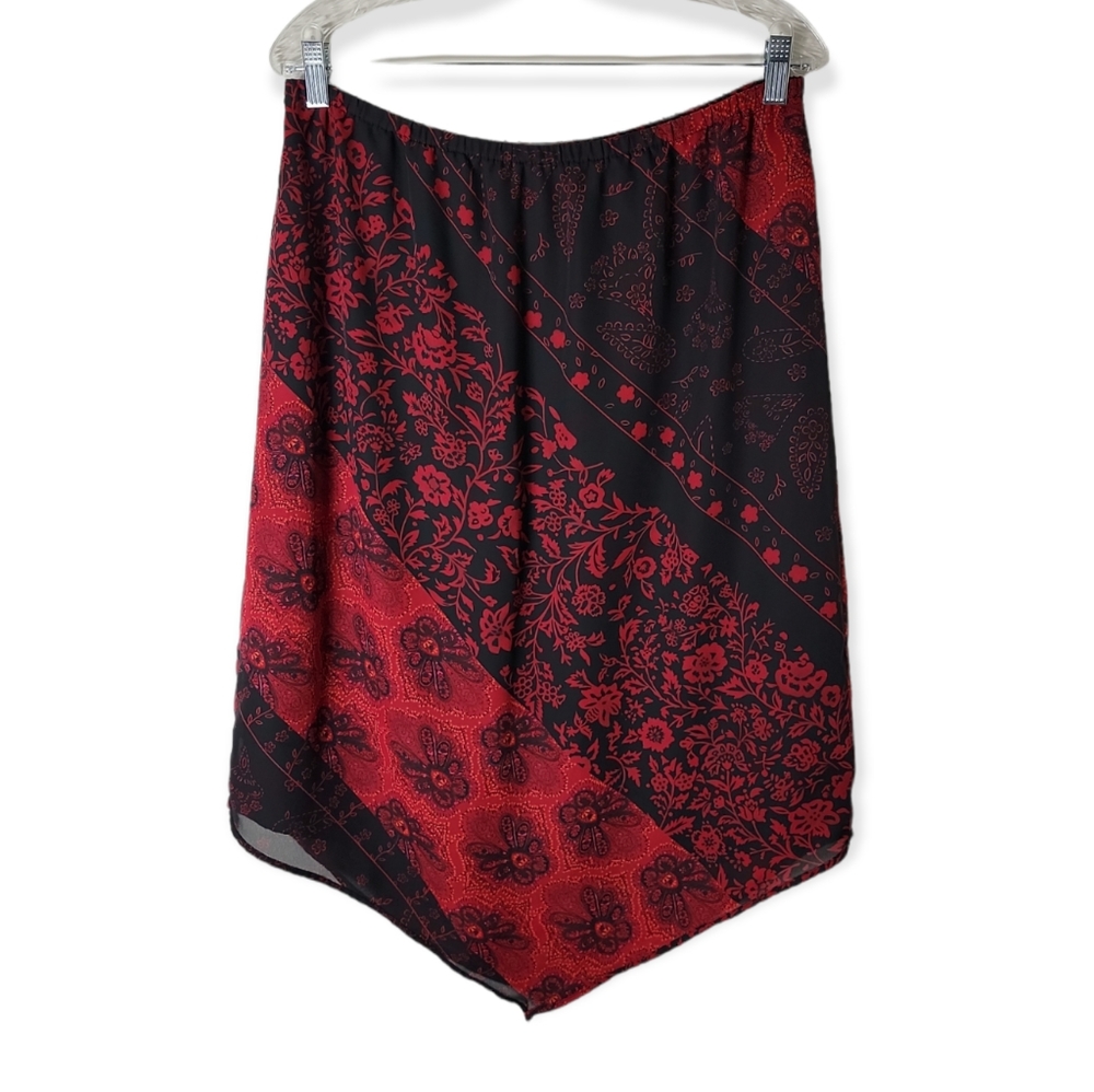 Kathy Ireland red black paisley, floral print asymmetrical skirt size large